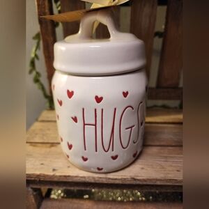 Rae Dunn "HUGS" White Ceramic Jar with Red Hearts